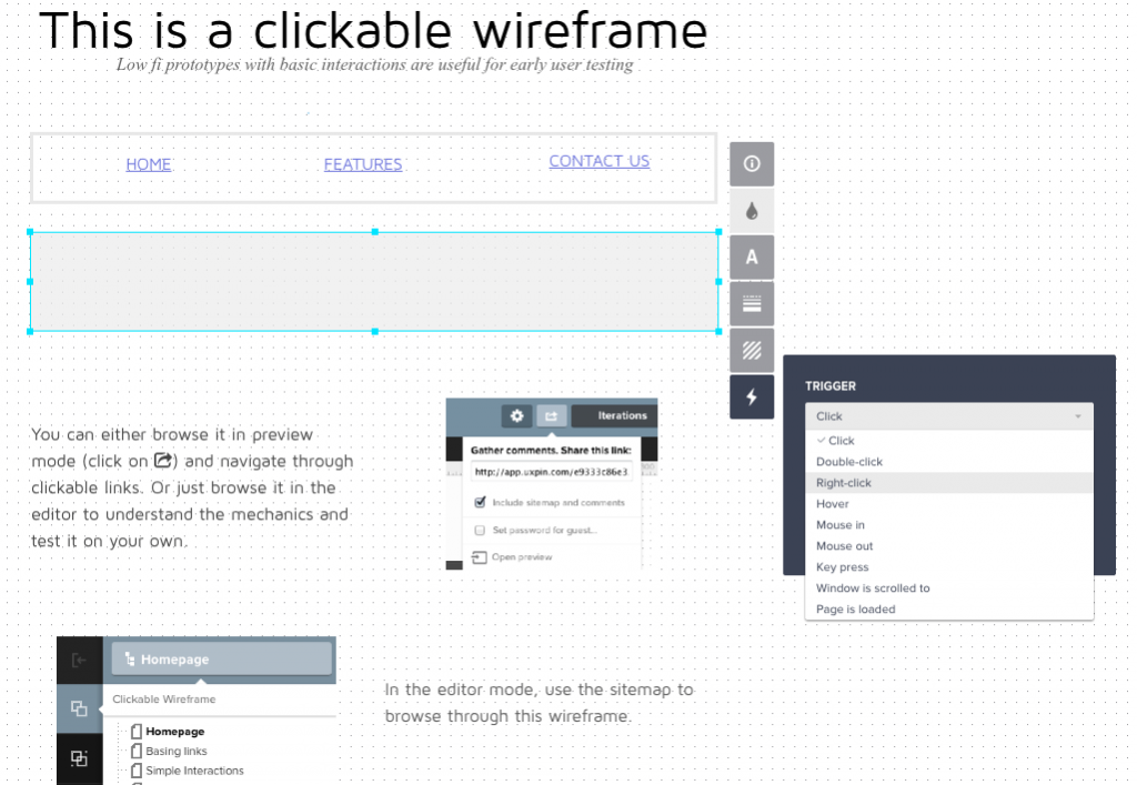 Low fidelity clickable wireframe prototype