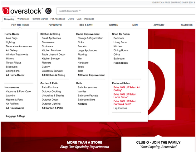 Overstock website user interface