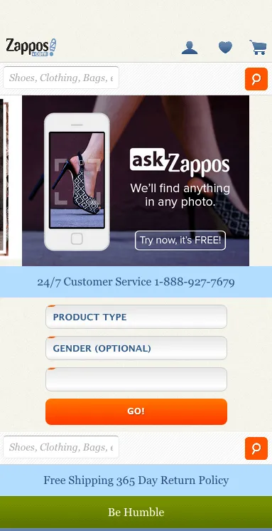 Screenshot of the Zappos website.