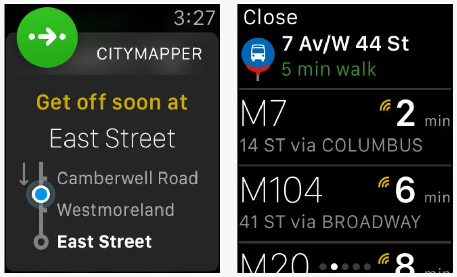 Screenshots of the Apple Watch user interface