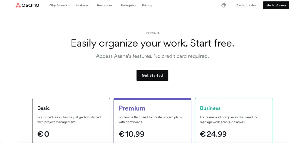 Asana pricing page examples