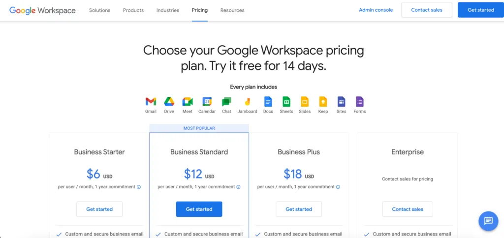 Google workspace pricing page design