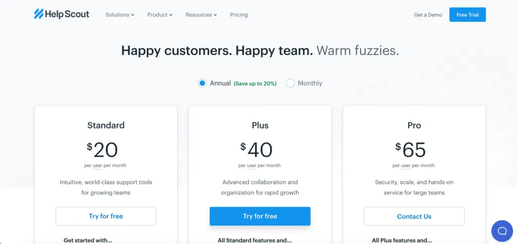 helpscout pricing page ui