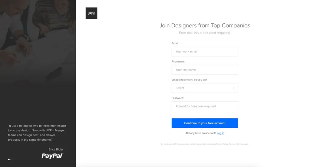 UXPin's sign up form uses client testimonial to boost sense of urgency
