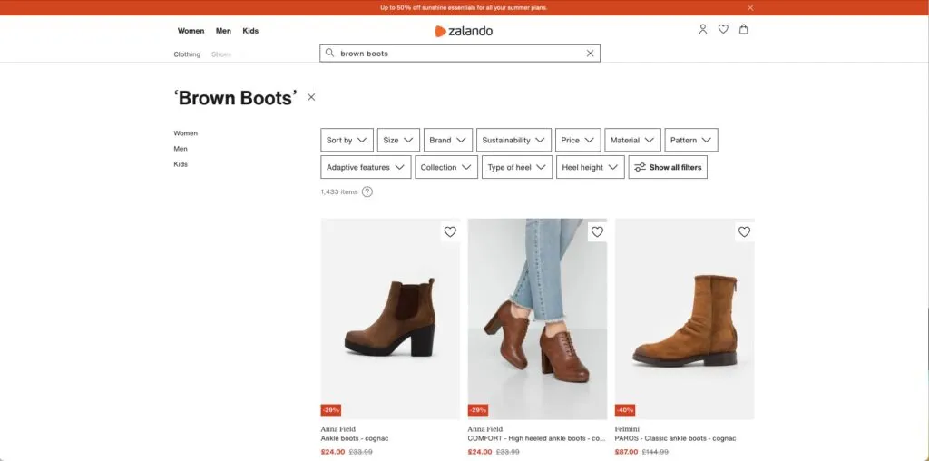 advanced search in zalando