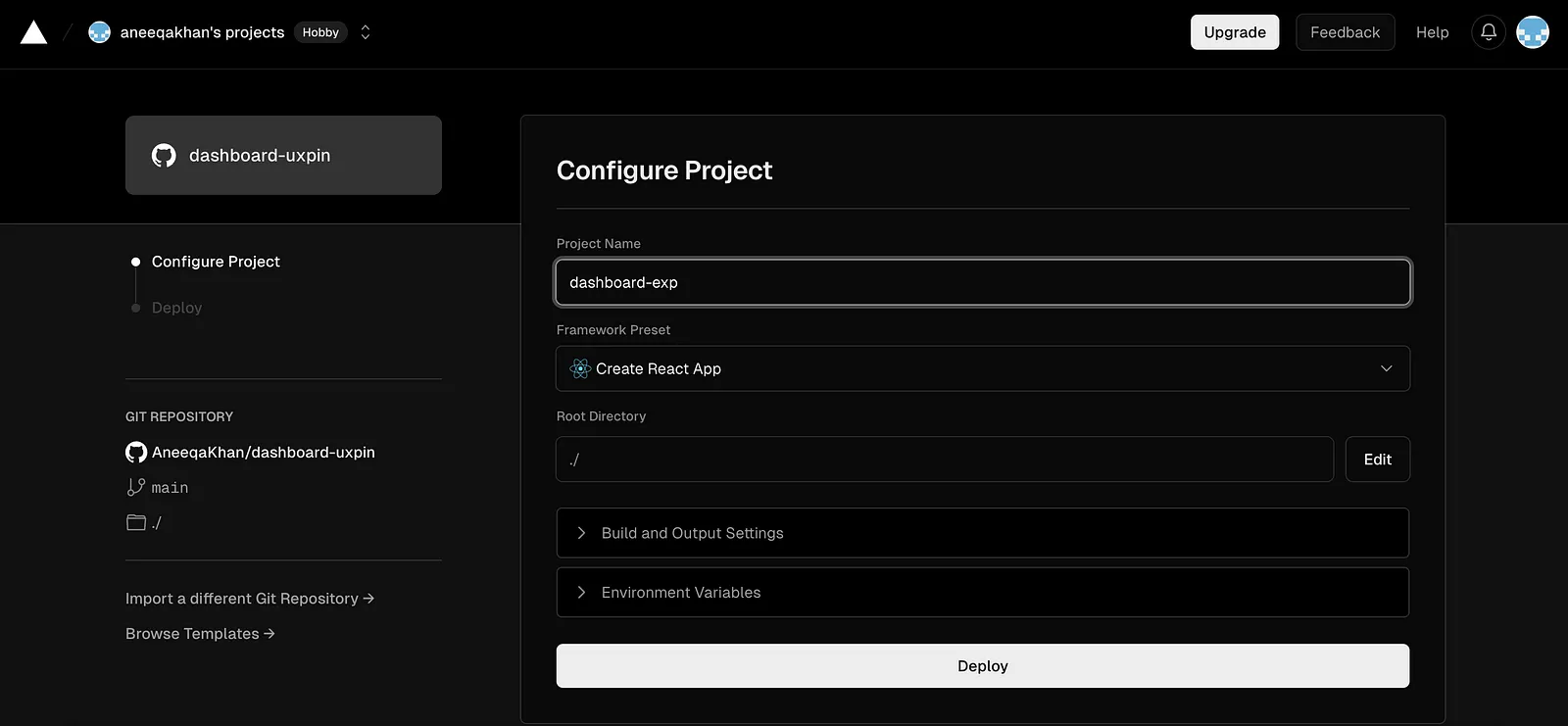 configure project uxpin screen