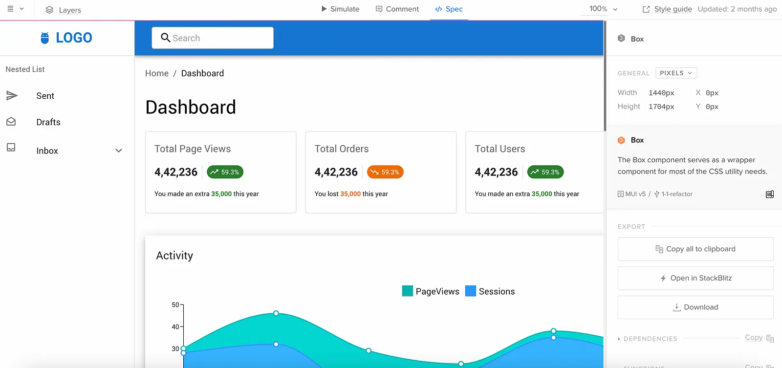 Spec menu tab options for uxpin dashboard prototype