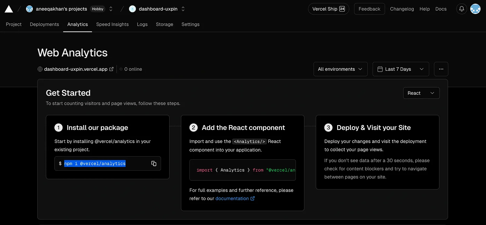 vercel web analytics instructions