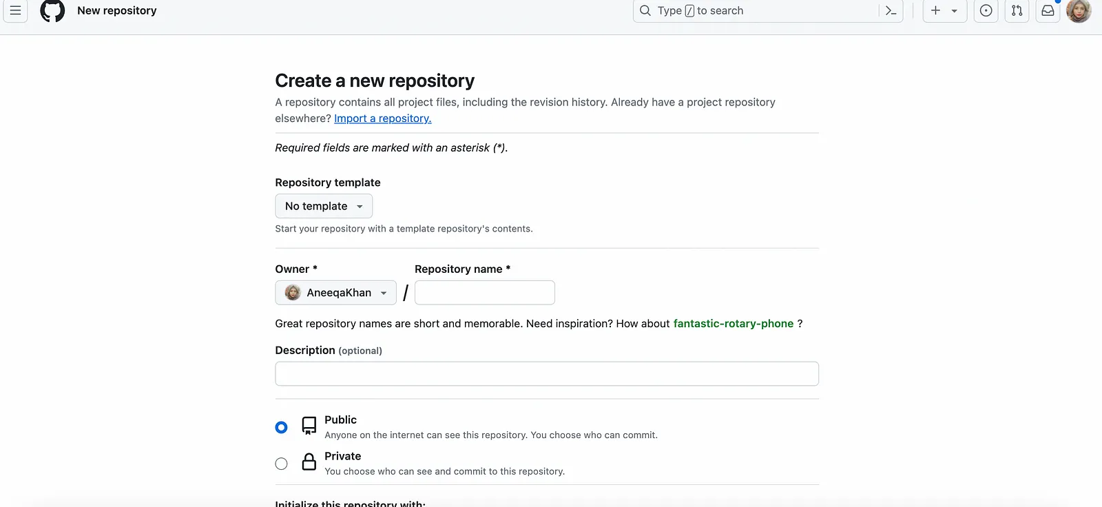 github new repo screen